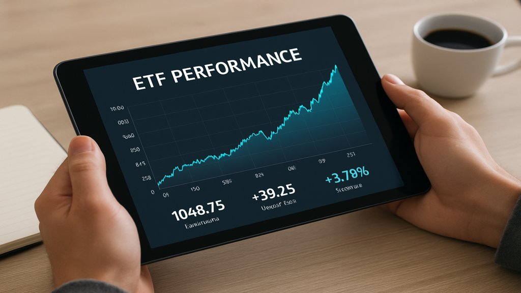 Tablet mit einer ETF-Performance-Grafik und Händen, die es halten.