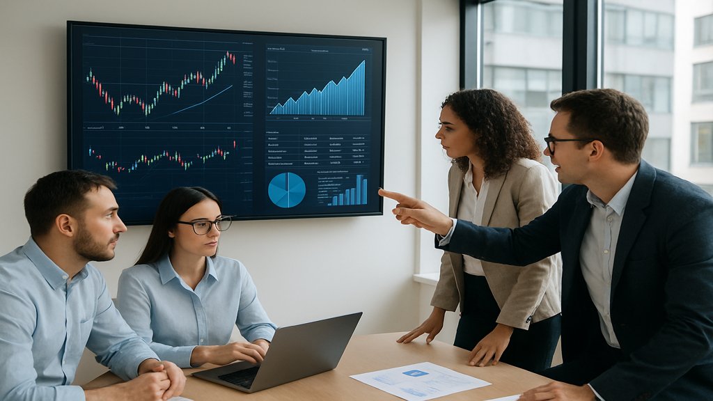 Team analysiert Dividendenrendite in einem Büro an einem großen Bildschirm.