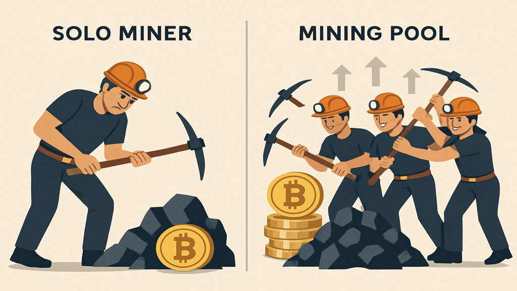 Vergleich von Einzel-Mining und Mining Pool.