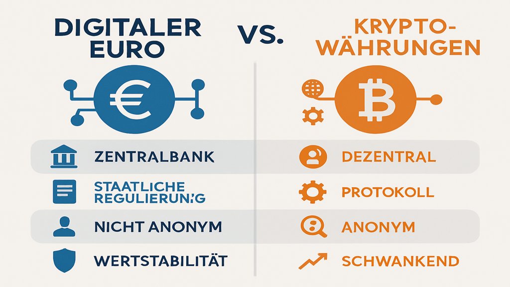 Vergleich zwischen digitalem Euro und Kryptowährungen.