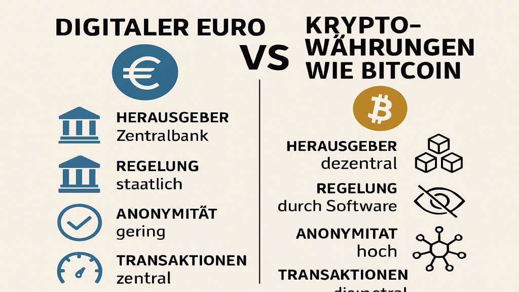 Vergleich zwischen Digitalem Euro und Kryptowährungen in einer Infografik.