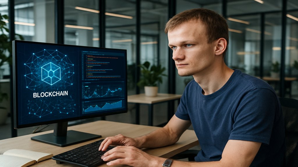 Vitalik Buterin in einem Büro, vertieft in Blockchain-Arbeit.