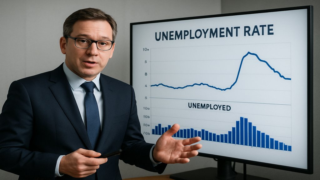 Wirtschaftsexperte erklärt Arbeitslosenzahlen vor einem Bildschirm.