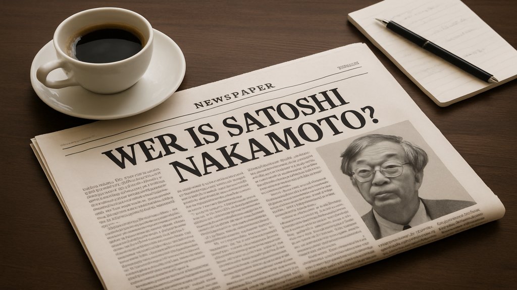 Zeitung mit der Schlagzeile 'Wer ist Satoshi Nakamoto?'.
