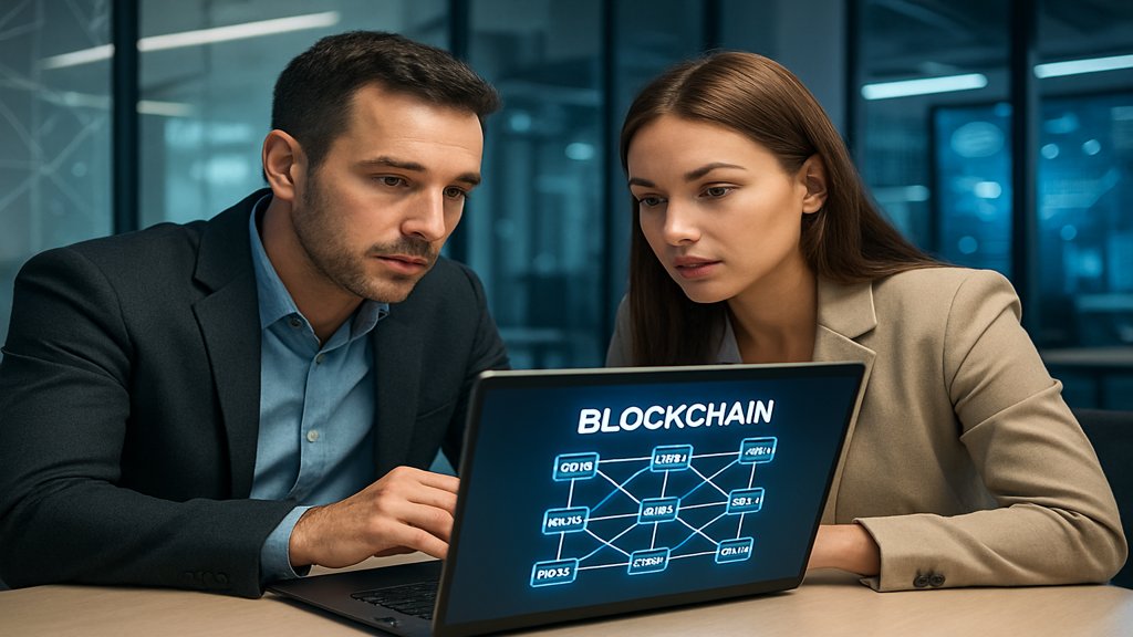 Zwei Personen analysieren ein Blockchain-Diagramm auf einem Laptop.