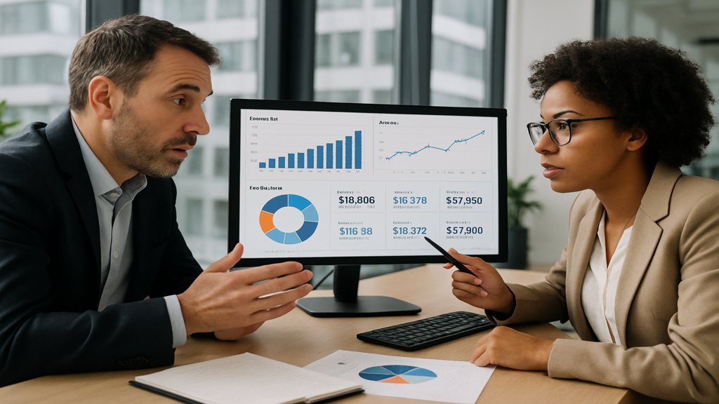 Zwei Personen diskutieren das Kurs-Gewinn-Verhältnis anhand von Finanzdaten.