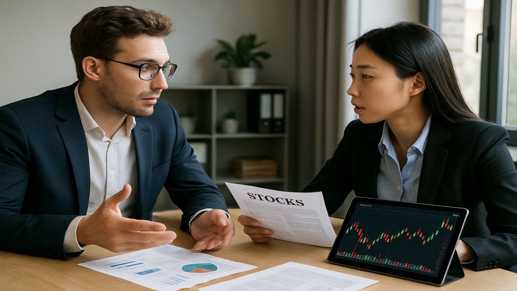Zwei Personen diskutieren über Aktien in einem Büro.