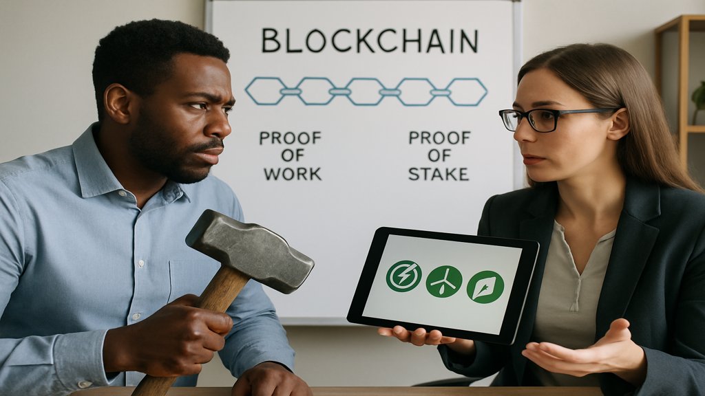 Zwei Personen diskutieren über Blockchain-Technologien: Proof of Work und Proof of Stake.
