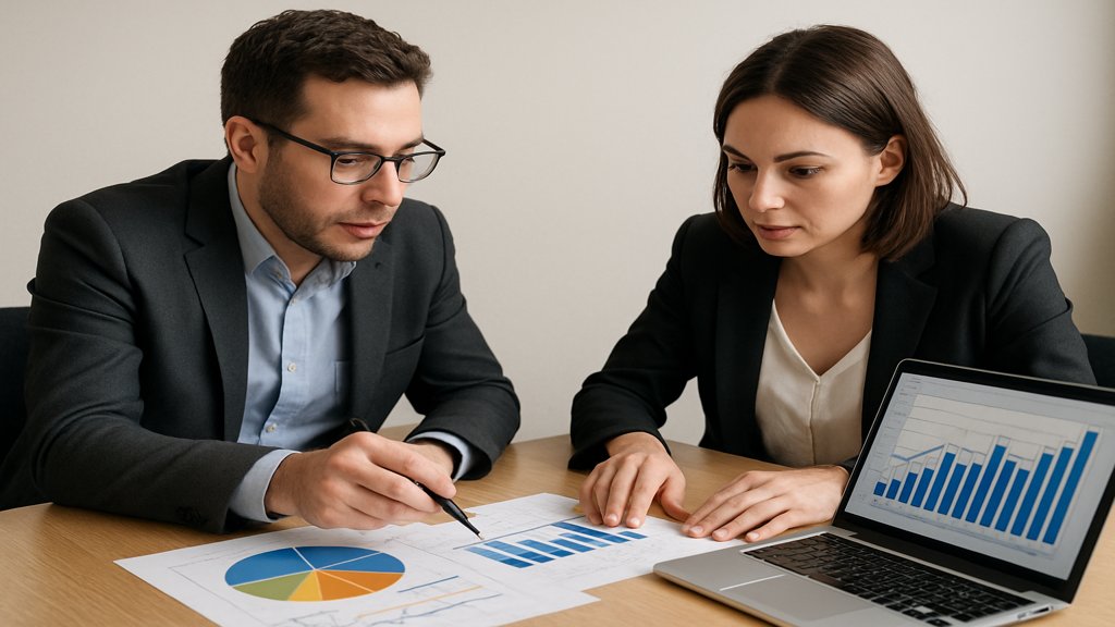 Zwei Personen diskutieren über Finanzstrategien mit Diagrammen und Laptop.