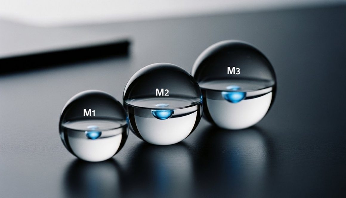 Abstrakte Darstellung der Geldmengen M1, M2 und M3 als ineinander verschachtelte Glaskugeln mit Flüssigkeit.