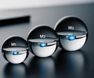 Abstrakte Darstellung der Geldmengen M1, M2 und M3 als ineinander verschachtelte Glaskugeln mit Flüssigkeit.