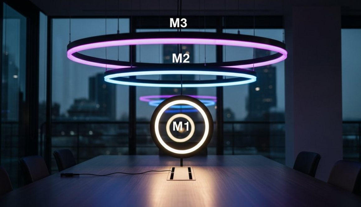 Abstrakte Darstellung der Geldmengen M1, M2 und M3 als leuchtende Ringe, die die verschiedenen Ebenen der Liquidität symbolisieren.