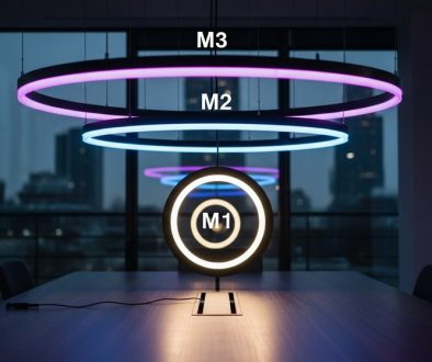 Abstrakte Darstellung der Geldmengen M1, M2 und M3 als leuchtende Ringe, die die verschiedenen Ebenen der Liquidität symbolisieren.