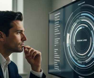 Analyst betrachtet komplexe Daten zur Geldmenge M1, M2 und M3 auf einem Bildschirm.