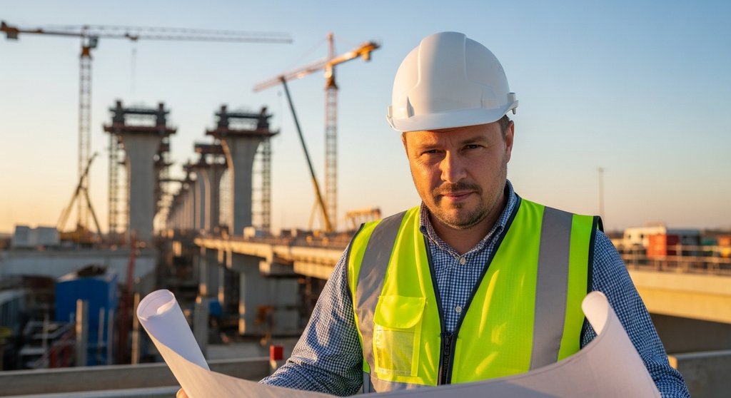 Bauleiter vor einer Großbaustelle, Symbol für staatliche Investitionen im Rahmen der Fiskalpolitik.