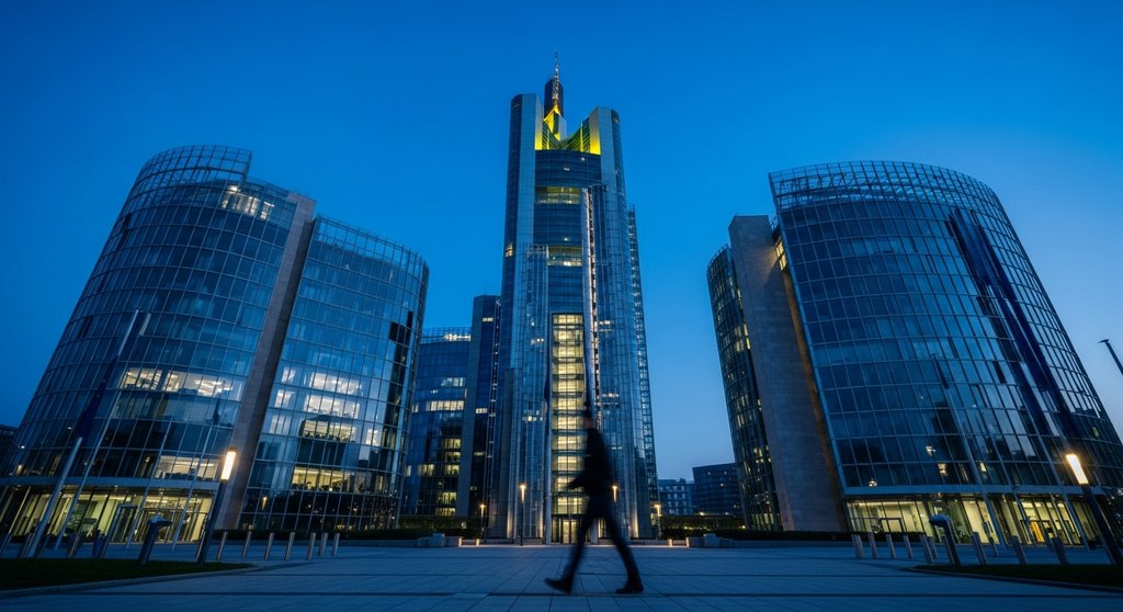 Das Gebäude der Europäischen Zentralbank in Frankfurt am Main bei Dämmerung.