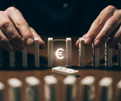 Die Hand eines Experten ordnet Domino-Steine an, was die fragilen Aufgaben einer Zentralbank symbolisiert.