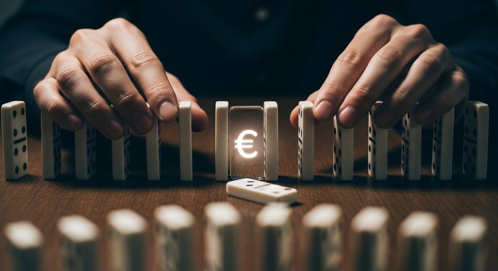 Die Hand eines Experten ordnet Domino-Steine an, was die fragilen Aufgaben einer Zentralbank symbolisiert.