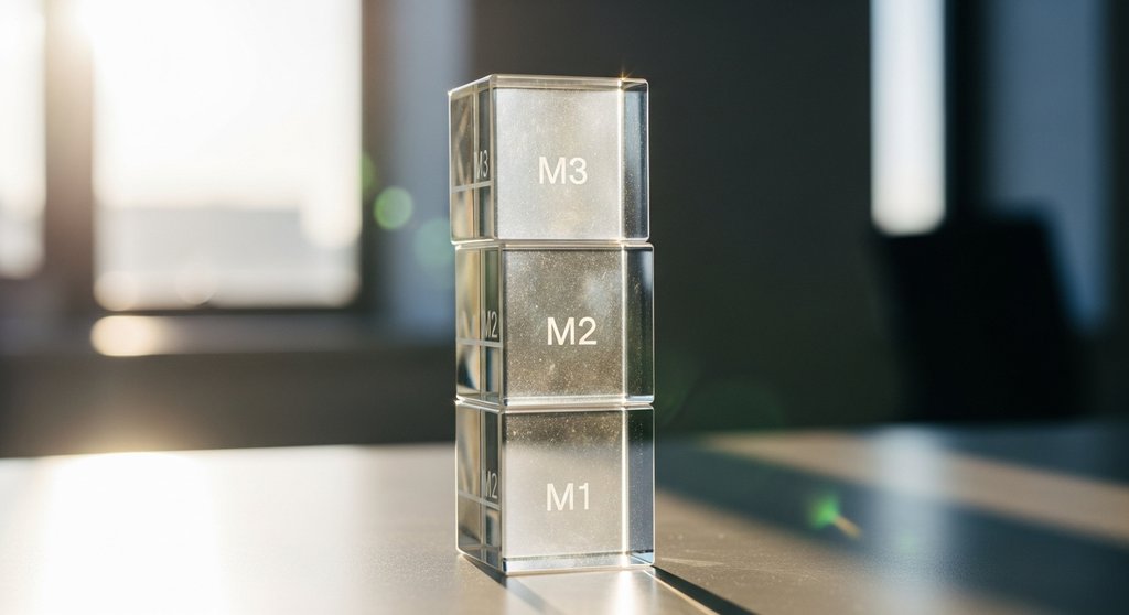 Drei gestapelte Glasblöcke mit den Aufschriften M1, M2 und M3, die die schichtweise Zusammensetzung der Geldmengenaggregate symbolisieren.