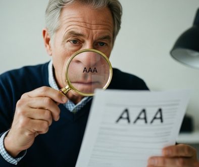 Ein Anleger prüft mit einer Lupe das Rating einer Anleihe auf einem Finanzdokument.