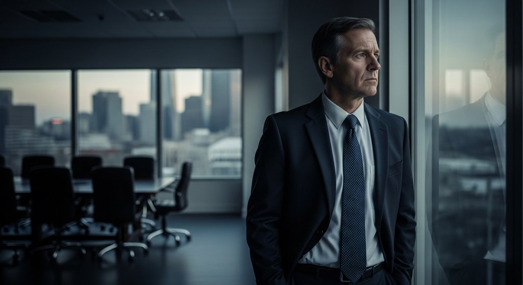 Ein besorgter Manager blickt aus einem Bürofenster und denkt über die Konsequenzen von GwG-Verstößen nach.