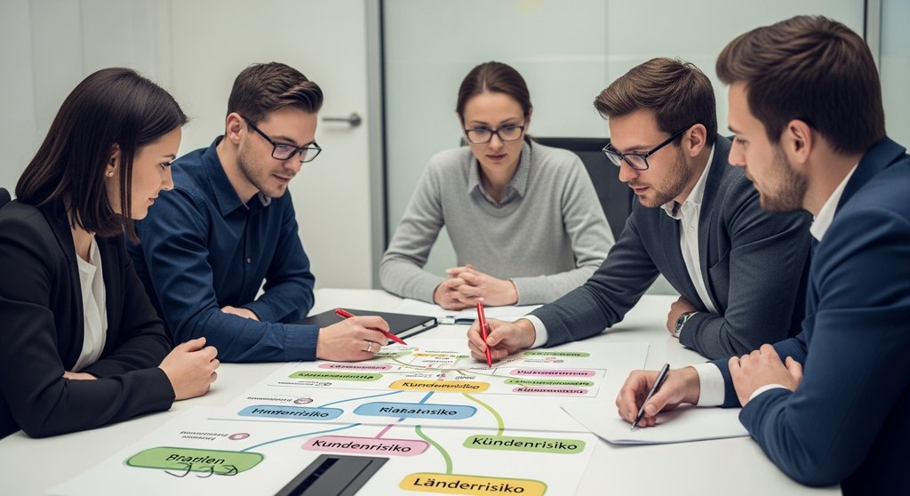 Ein Compliance-Team arbeitet gemeinsam an der Erstellung einer GwG-Risikoanalyse in einem Konferenzraum.