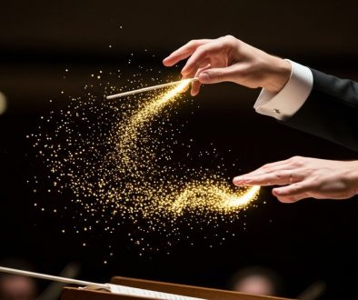 Ein Dirigent, der mit seinen Händen den Fluss von Lichtpartikeln steuert, als Metapher für Offenmarktgeschäfte.