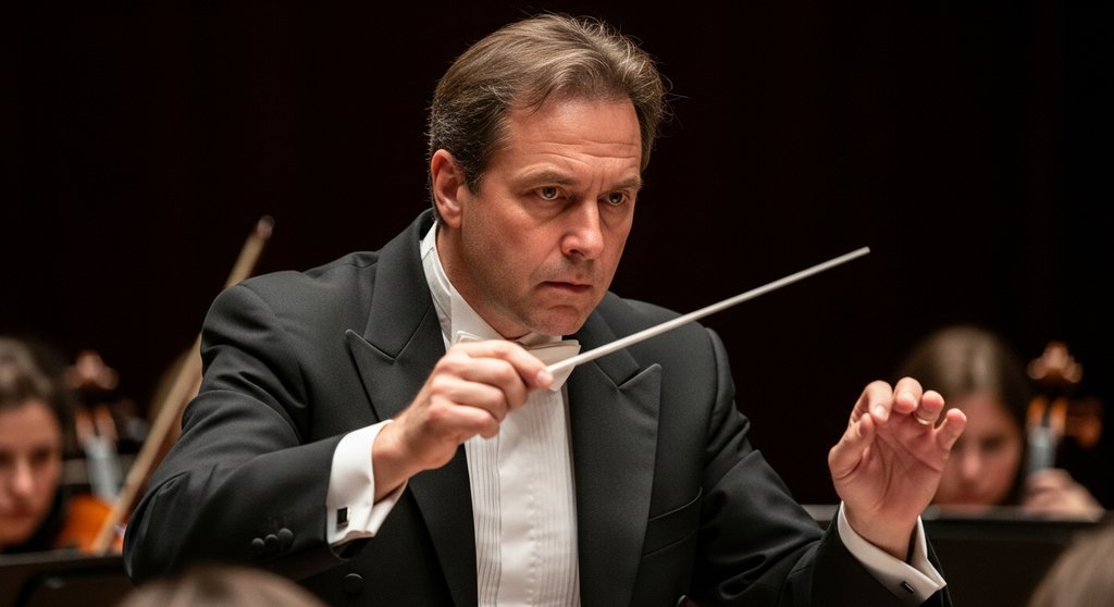 Ein Dirigent leitet mit einem Taktstock sein Orchester als Metapher für den EZB-Leitzins.