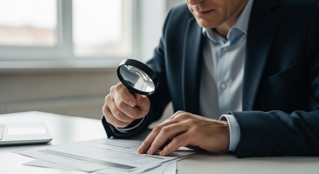 Ein Finanzexperte prüft ein Dokument gemäß den Anforderungen des Geldwäschegesetzes.