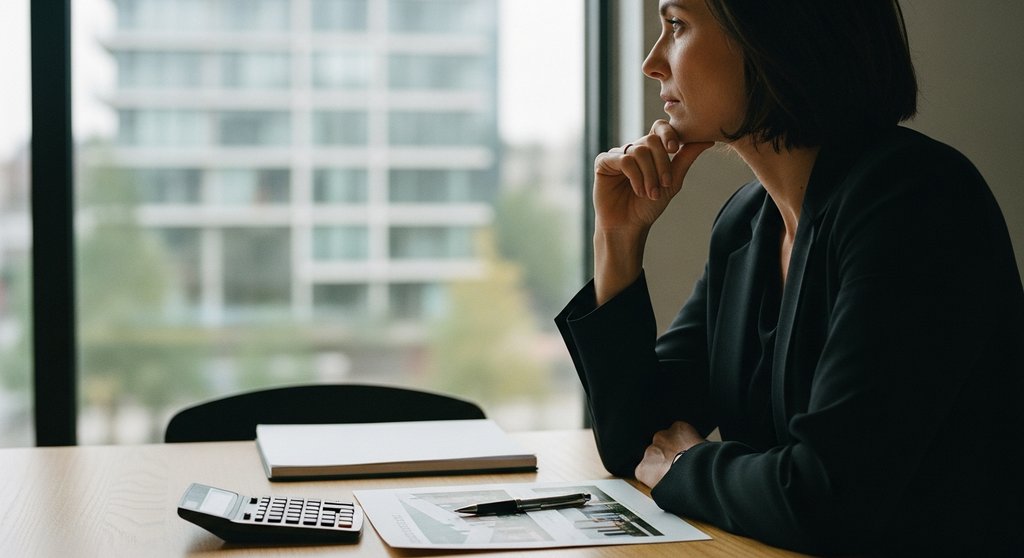 Ein Investor sitzt am Tisch und nutzt einen Taschenrechner, um die Mietrendite einer Immobilie zu berechnen.
