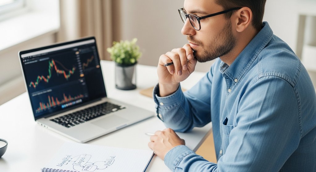 Ein junger Investor analysiert am Schreibtisch Strategien gegen Impermanent Loss.