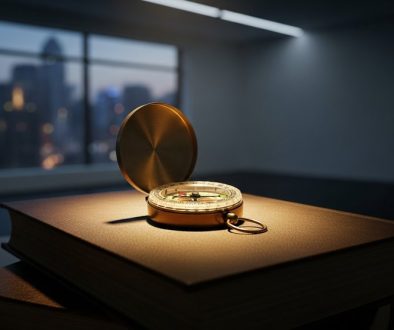 Ein Kompass auf Büchern symbolisiert die Orientierung, die das Wissen über die Federal Reserve bietet.