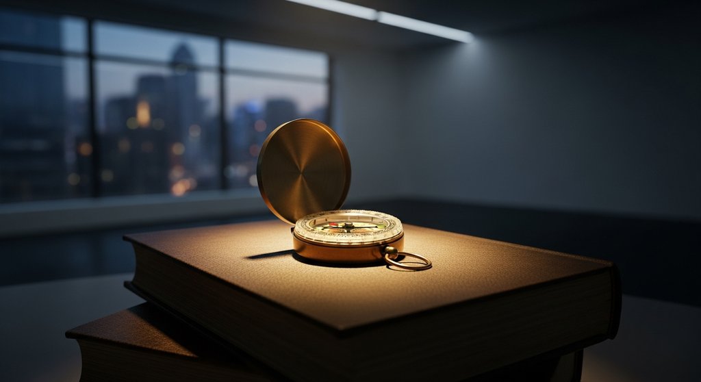 Ein Kompass auf Büchern symbolisiert die Orientierung, die das Wissen über die Federal Reserve bietet.