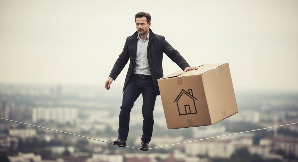 Ein Mann balanciert mit einem Paket auf einem Seil als Symbol für das Klumpenrisiko.