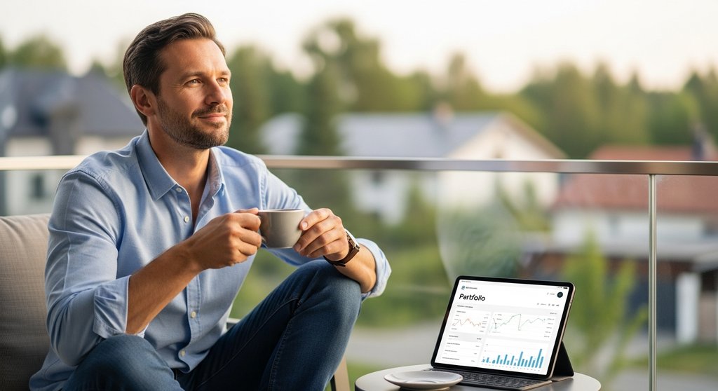 Ein Mann genießt entspannt seinen Kaffee, symbolisch für den geringen Aufwand eines Immobilien ETF Investments.