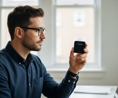 Ein Mann hält ein Trezor Wallet in der Hand und wirkt dabei nachdenklich und sicher.