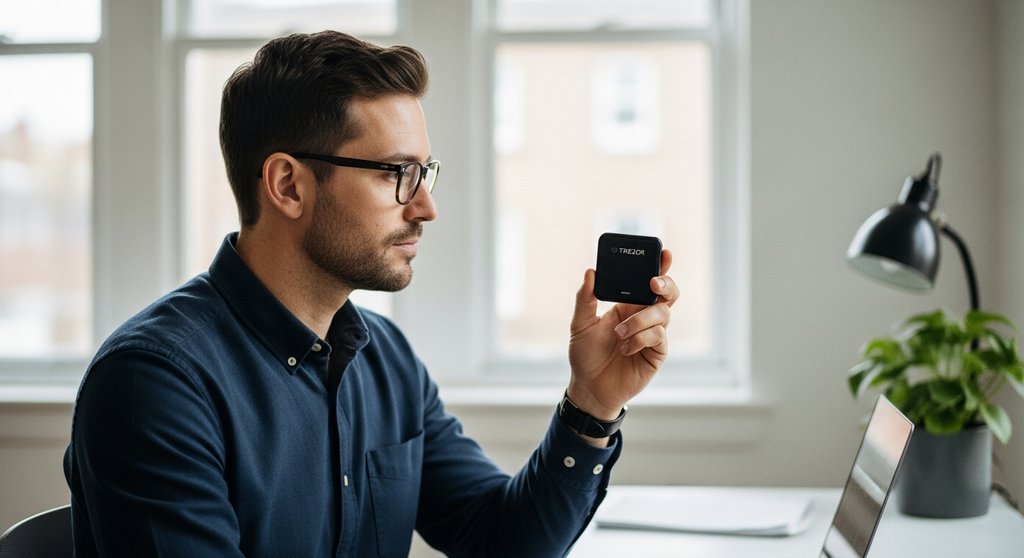 Ein Mann hält ein Trezor Wallet in der Hand und wirkt dabei nachdenklich und sicher.