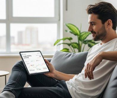 Ein Mann prüft entspannt auf seinem Tablet seine Krypto-Staking-Erträge.