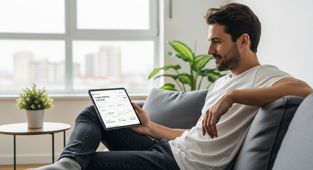 Ein Mann prüft entspannt auf seinem Tablet seine Krypto-Staking-Erträge.