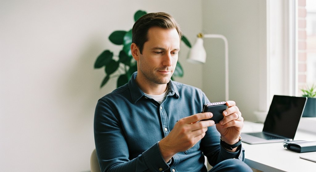 Ein Mann prüft konzentriert seine Wallet-Sicherheit mit einem Hardware Wallet.