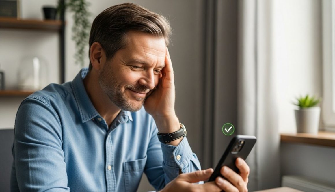 Ein Mann schließt den KYC-Prozess erfolgreich auf seinem Smartphone ab und blickt zufrieden.