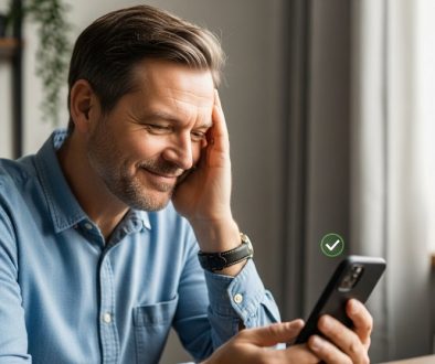 Ein Mann schließt den KYC-Prozess erfolgreich auf seinem Smartphone ab und blickt zufrieden.