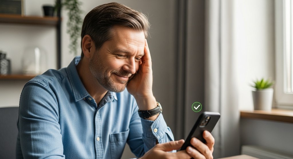 Ein Mann schließt den KYC-Prozess erfolgreich auf seinem Smartphone ab und blickt zufrieden.
