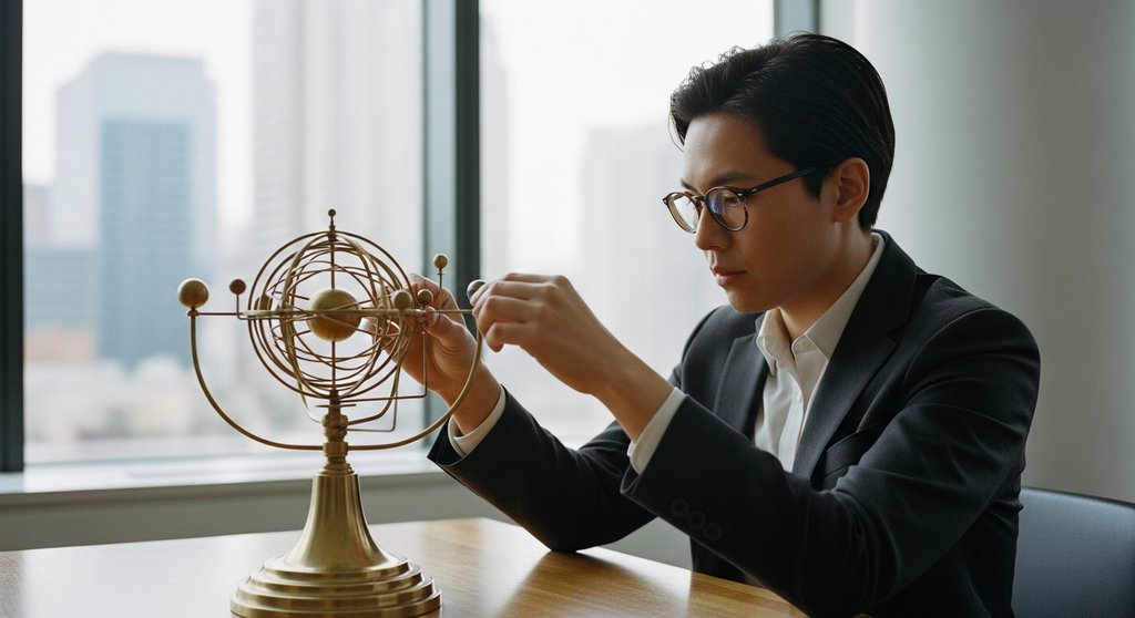 Ein Ökonom justiert ein komplexes mechanisches Modell, das die Geldpolitik und ihre Auswirkungen auf die Wirtschaft symbolisiert.