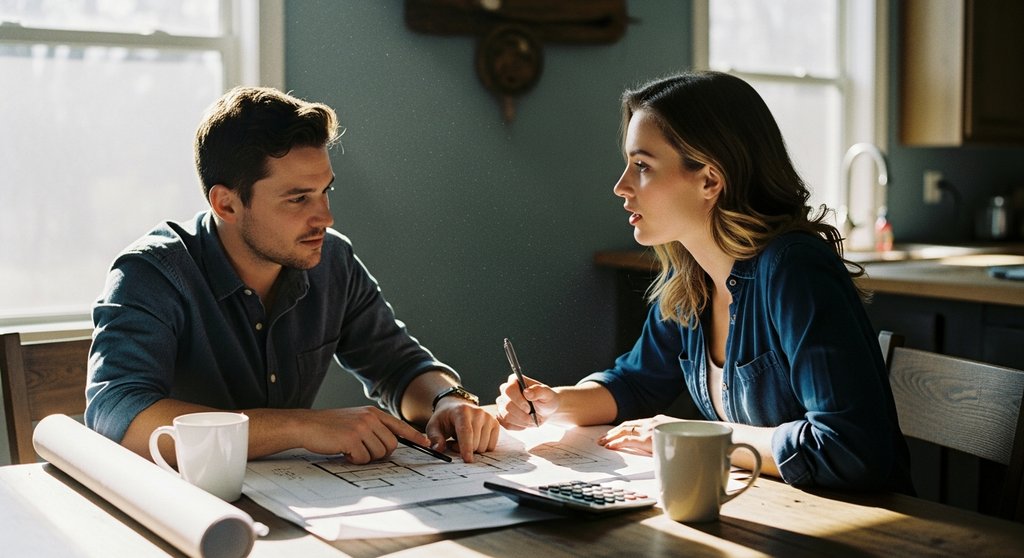 Ein Paar plant am Küchentisch den Hauskauf und berechnet das nötige Eigenkapital.