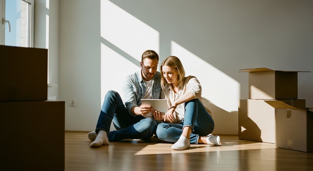 Ein Paar plant mit einem Tablet die Immobilienfinanzierung in ihrer neuen, leeren Wohnung.