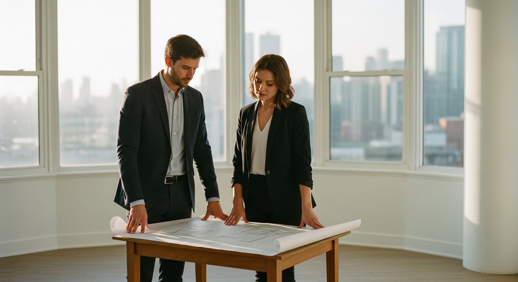 Ein Paar plant seine Zukunft mit Immobilien als Kapitalanlage und blickt auf einen Bauplan.
