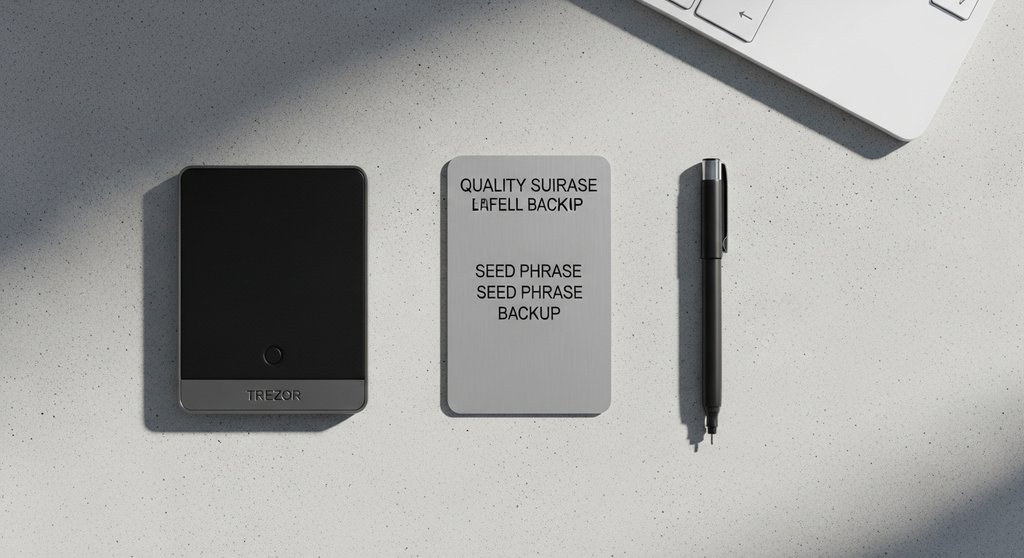 Ein Schreibtisch mit einem Trezor Wallet und Zubehör zur Sicherung der Seed Phrase.