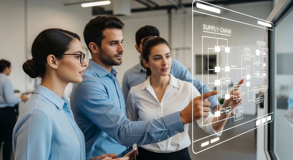 Ein Team analysiert eine Lieferkette auf einem digitalen Bildschirm, ein Anwendungsfall für Smart Contracts.