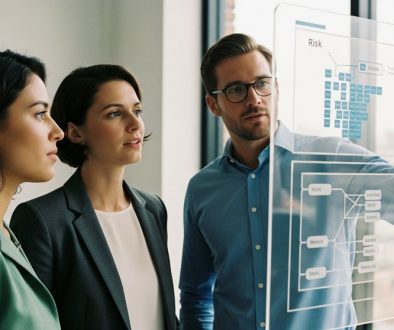 Ein Team von Compliance-Experten diskutiert eine GwG-Risikoanalyse vor einem digitalen Bildschirm.